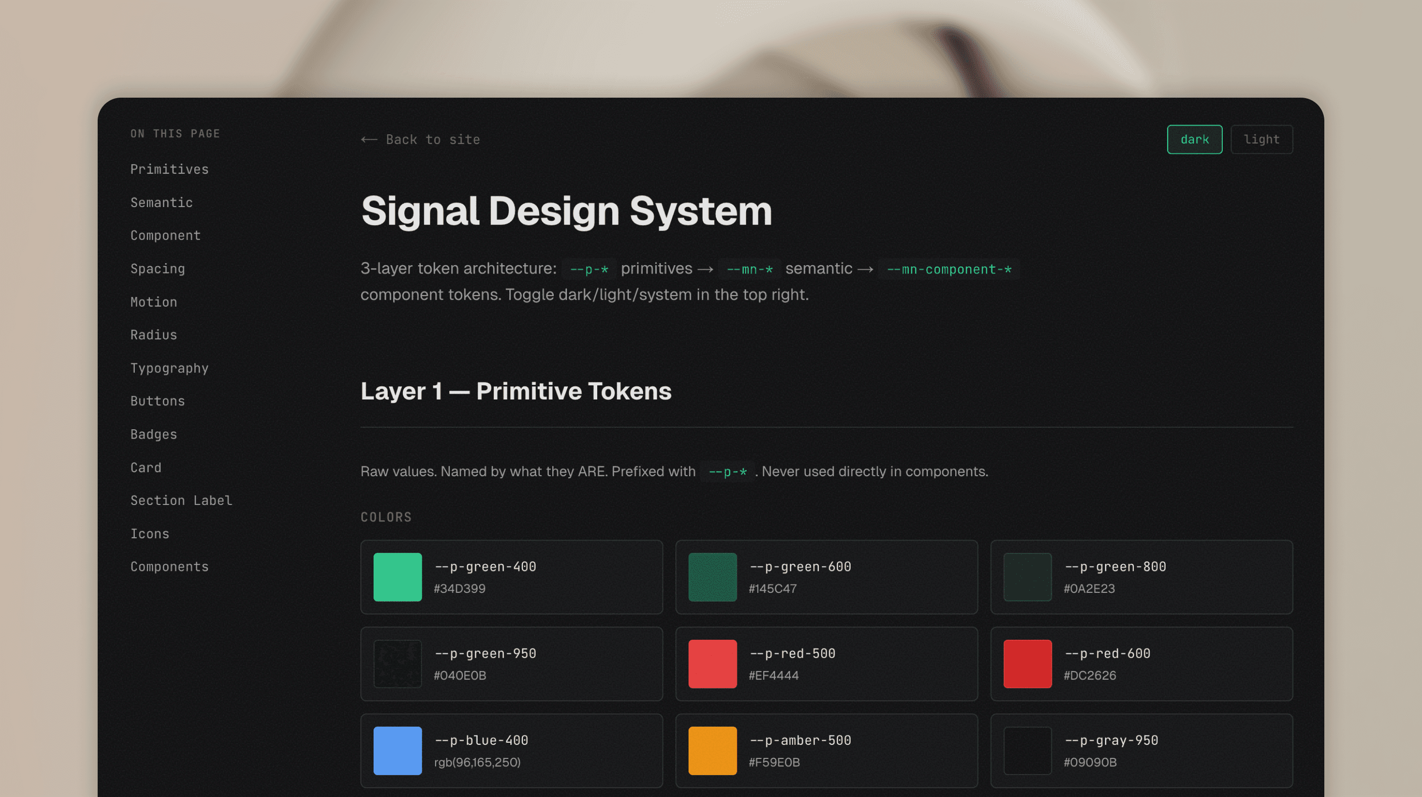 Signal design system page showing 3-layer token architecture
