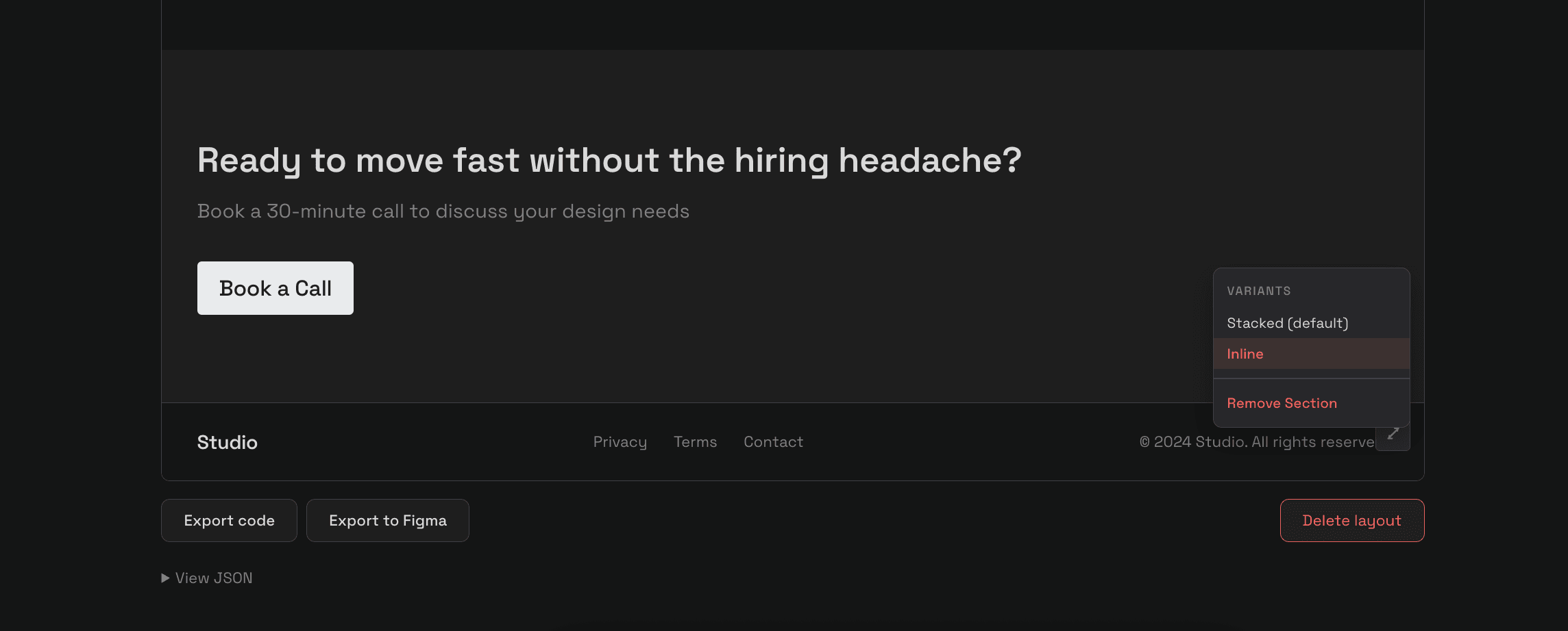Generated page with Export code and Export to Figma buttons, variant selector showing Stacked and Inline options