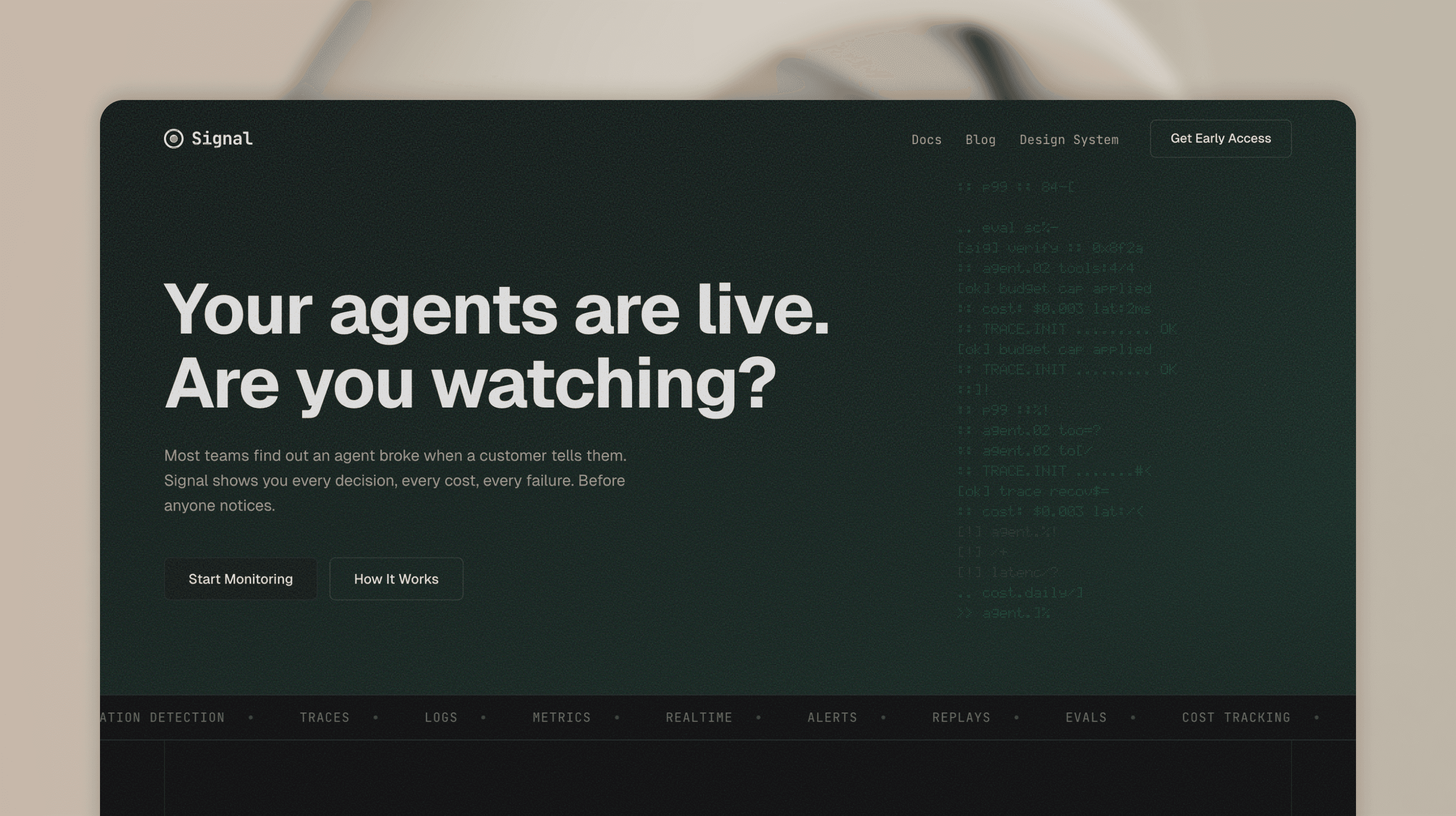 Signal page hero section, desktop, dark mode