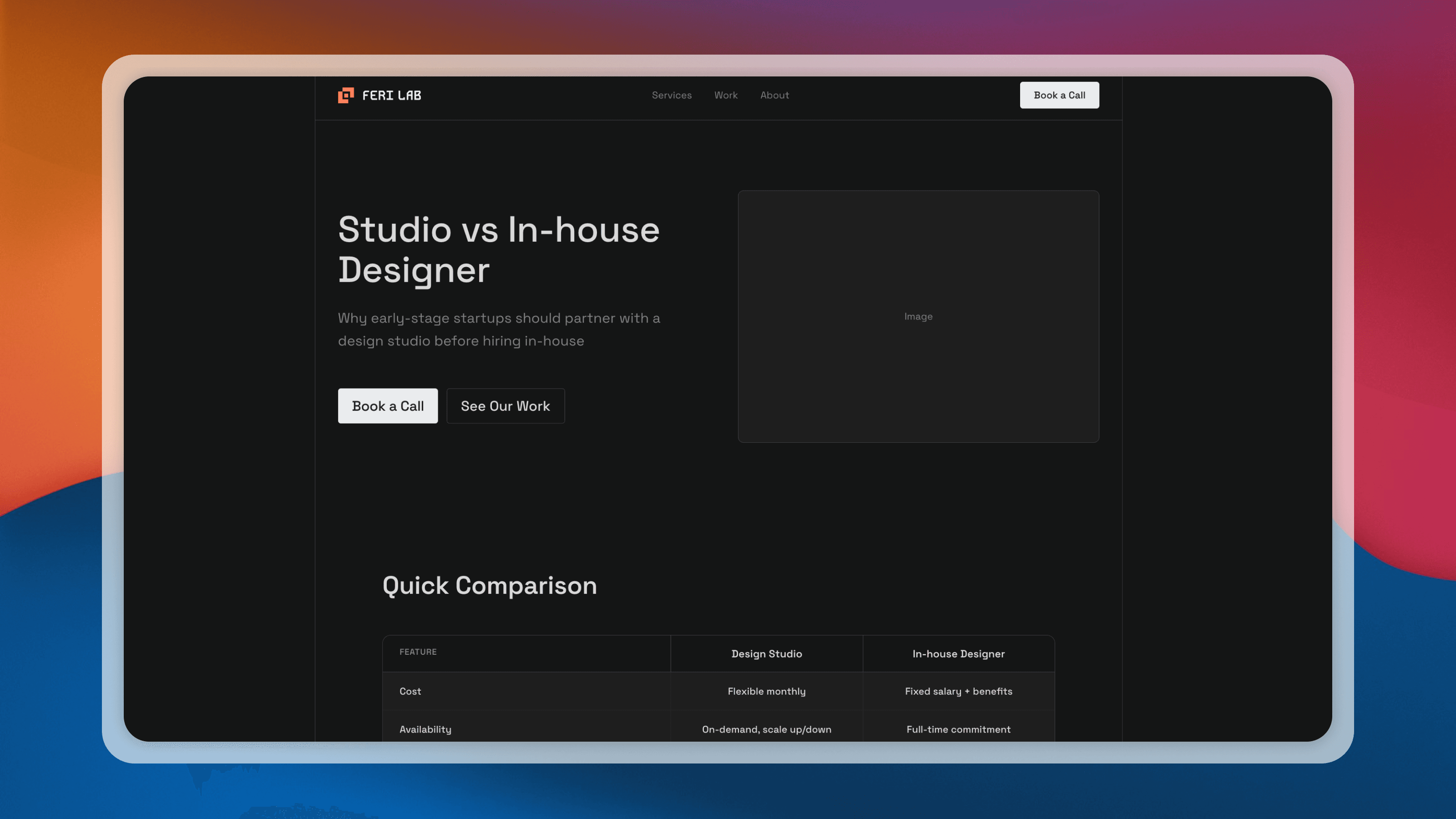 A full page generated from the design system: Studio vs In-house Designer with hero, comparison table, and CTAs