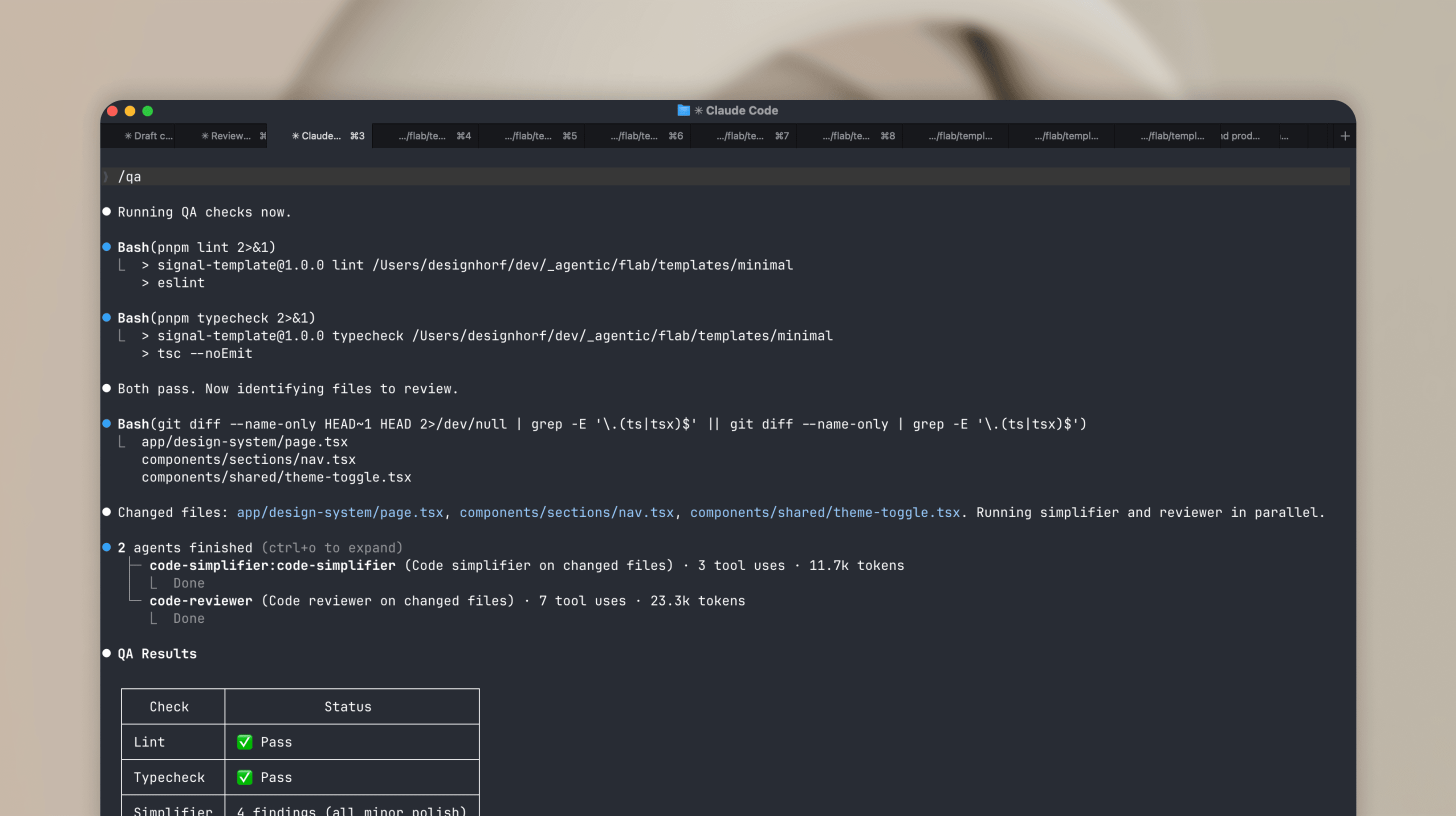 Claude Code terminal running QA checks on the Signal project